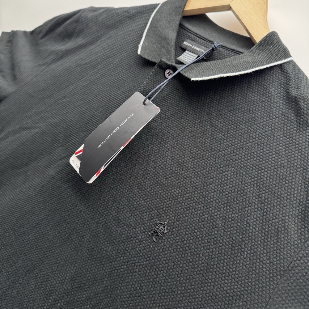 French Connection Popcorn Tipped Polo Shirt Mens Size L Black White Cotton NWT
